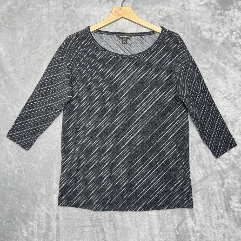 Tommy Bahama Shirt Womens XS Gray White Stripe 3/4 Sleeve Scoop Neck Cotton